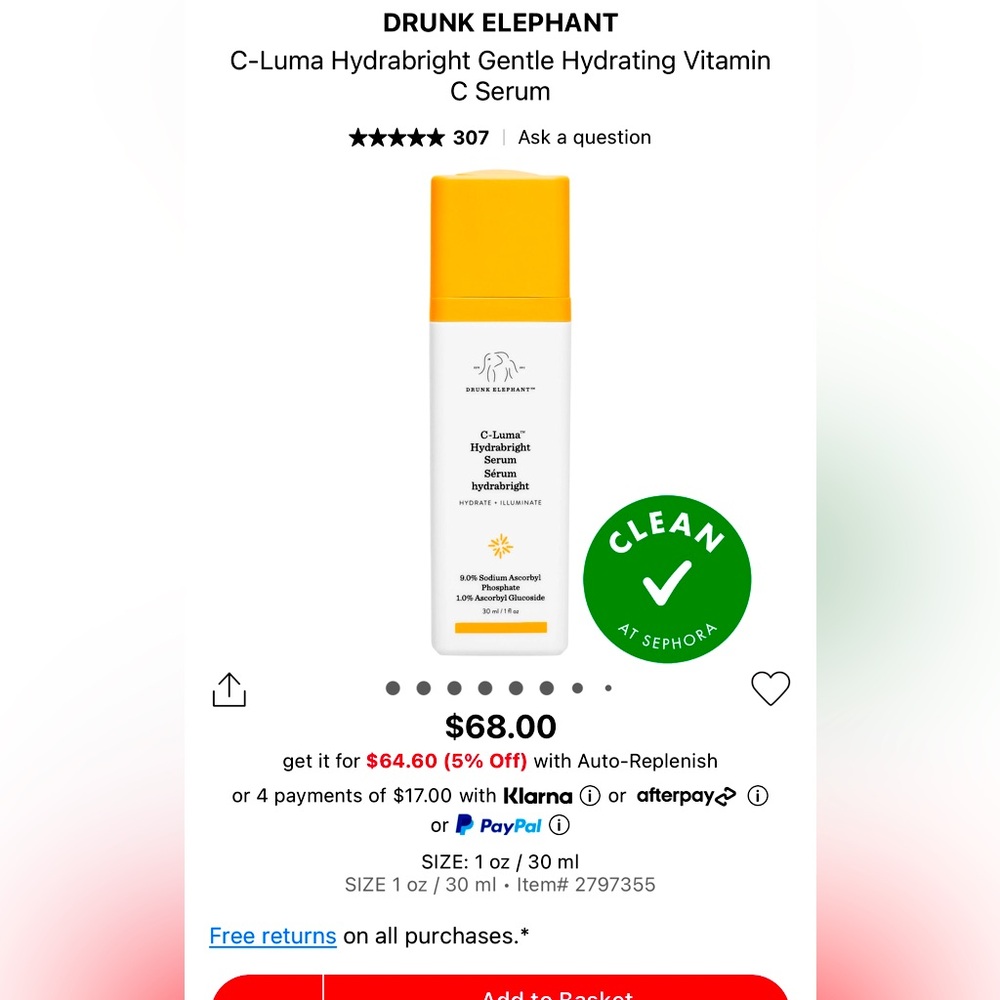 Drunk Elephant C-Luma Hydrabright Serum 1 fl.oz./30 ml. New in Box Authentic